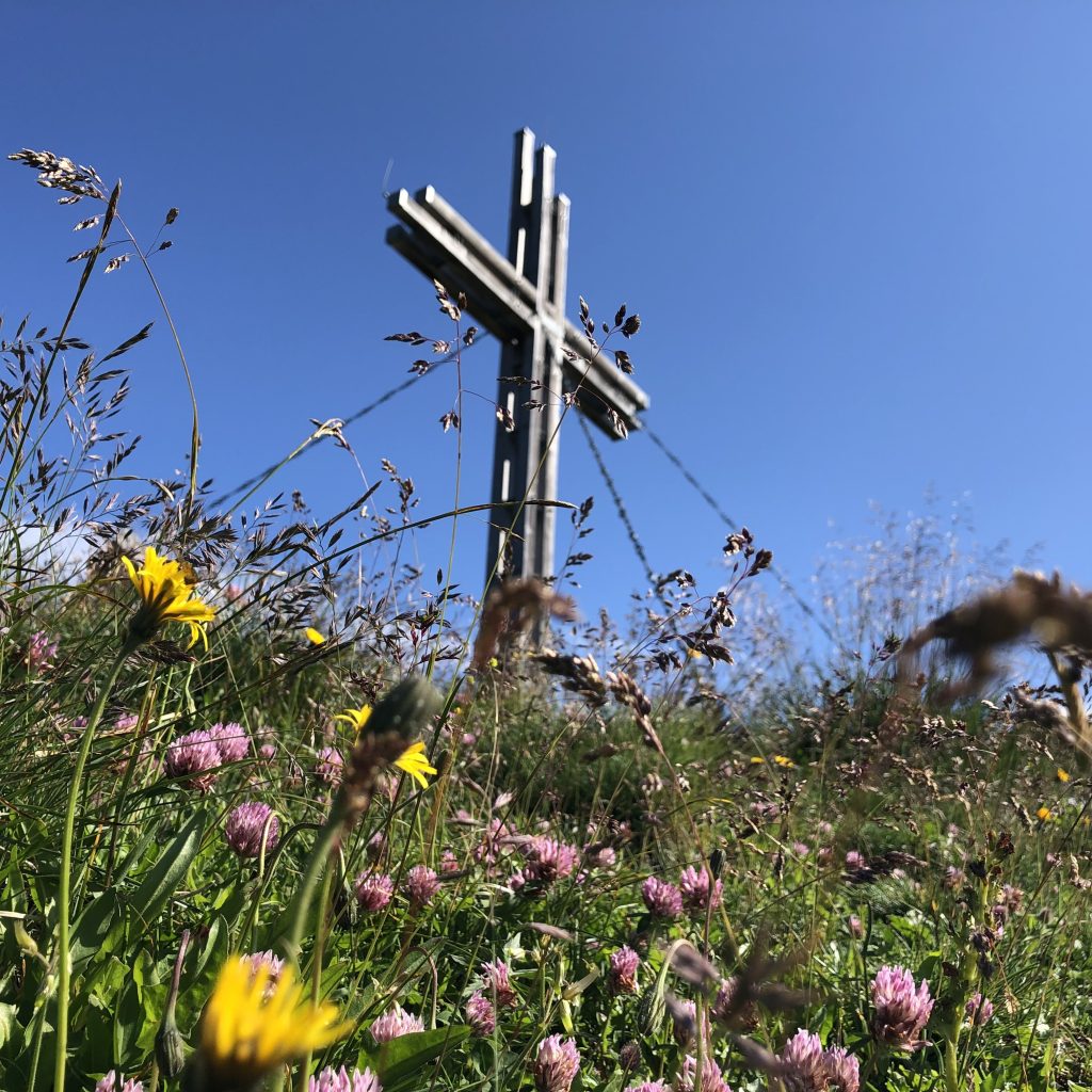 Gipfelkreuz am Golzentipp mit Blumenwiese